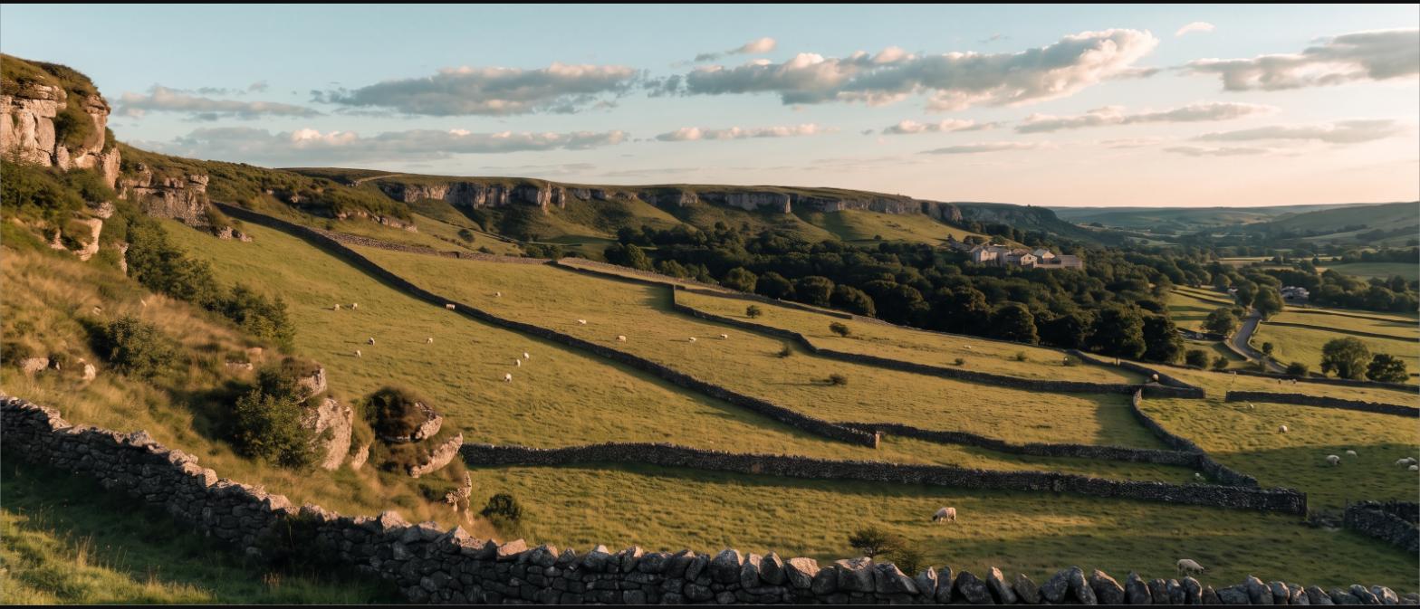 A high green plateau with dry stone walls and grazing sheep in rural France