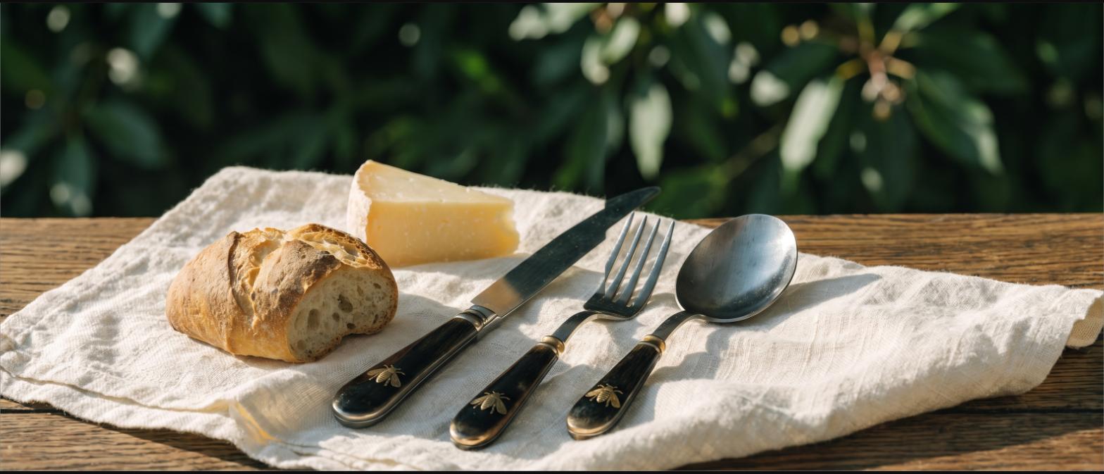French table cutlery with horn handles and a small bee emblem laid on a linen cloth